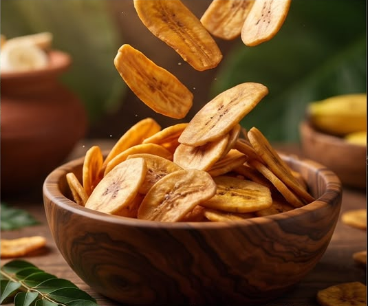Crispy chips falling into a wooden bowl